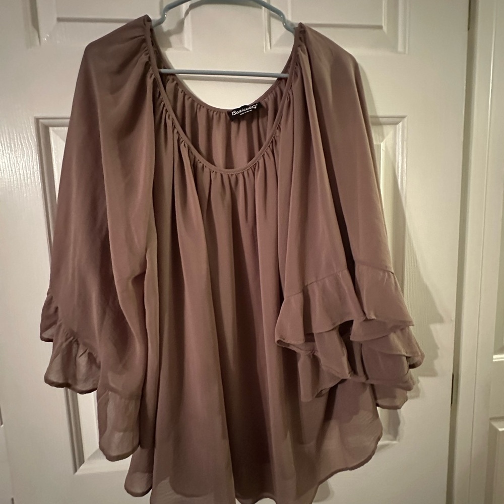 Brown Ruffled Bell Sleeve Blouse